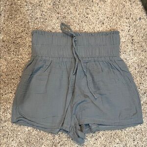 High-Waist Smocked  blue Gray gauze  fabric Women's Shorts